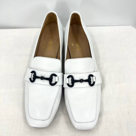 L'idea by Lori White Leather Heeled Loafers Women's Size 41 US 9.5 Horse Bit - Picture 1 of 10